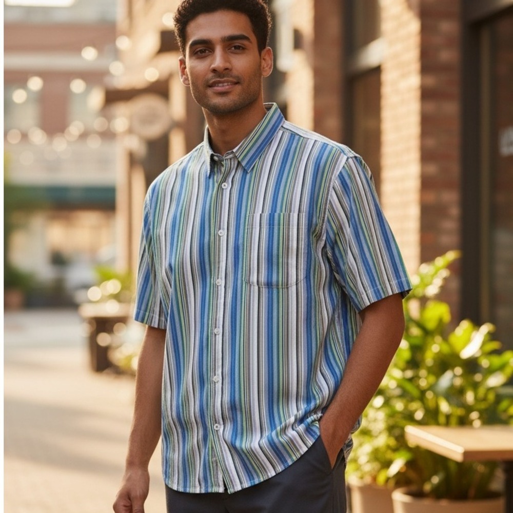 VTG Whatzup Mens Short Sleeve Button Up Shirt Multi Color Stripe Casual Size XXL